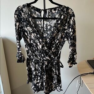 Free People Black and Cream Print Women's Romper